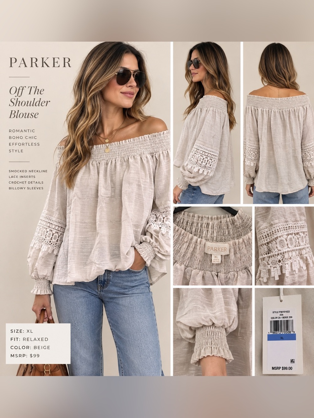 Parker Lightweight Off-Shoulder Beige Crochet-Sleeve Blouse